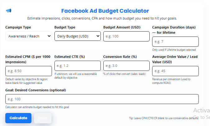 Facebook Ad Budget Calculator