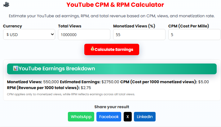 YouTube CPM & RPM Calculator
