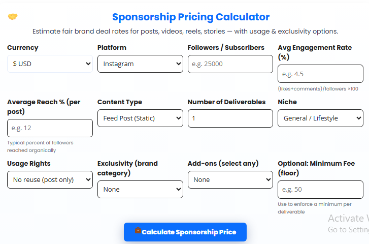 Sponsorship Pricing Calculator
