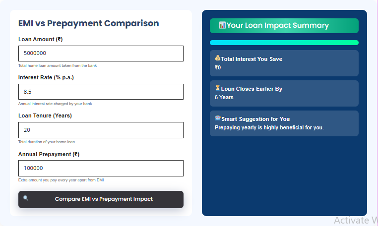 EMI Vs PREPAYMENT COMPARISON CALCULATOR 2026